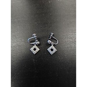 Sterling Silver 925 Square Dangle Drop Earrings Screw Back Clip On White Stone